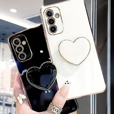 A 55 35 25 15 05 Luxury Love Heart Holder Plating Case For Samsung Galaxy A55 A35 A25 A15 A05S 4g 5g 2024 Stand Silicone Cover