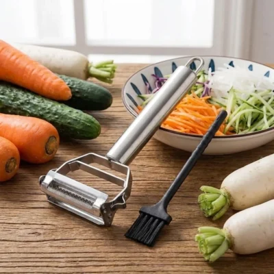 4-in-1 Multifunctional Stainless Steel Vegetable Fruit Peeler Grater Julienne Shredder with Cleaning Brush Durable Kitchen Gadge