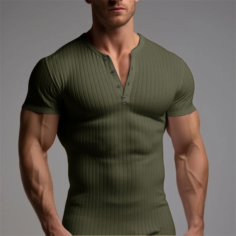 Slim Fit Short-sleeved Shirts Summer V-neck Button T-shirt Men's Clothing - Image 3
