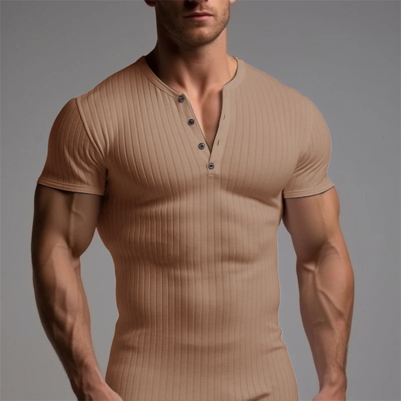 Slim Fit Short-sleeved Shirts Summer V-neck Button T-shirt Men's Clothing - Image 10