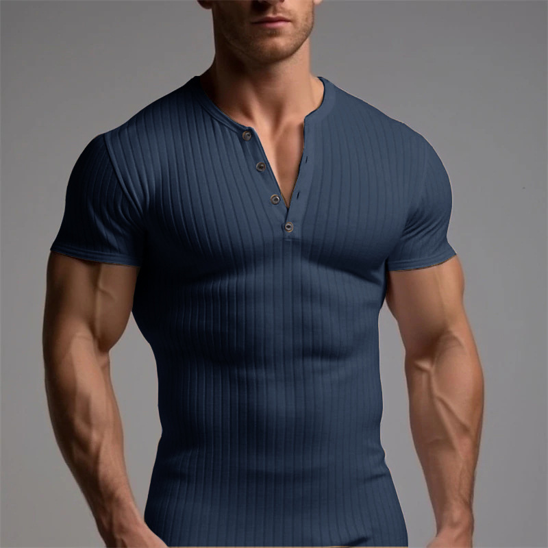 Slim Fit Short-sleeved Shirts Summer V-neck Button T-shirt Men's Clothing - Image 6