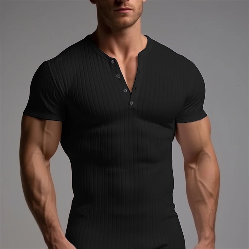 Slim Fit Short-sleeved Shirts Summer V-neck Button T-shirt Men's Clothing - Image 5