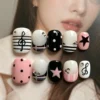 Handmade Press-On Nails Set (Pink & Black Stars)